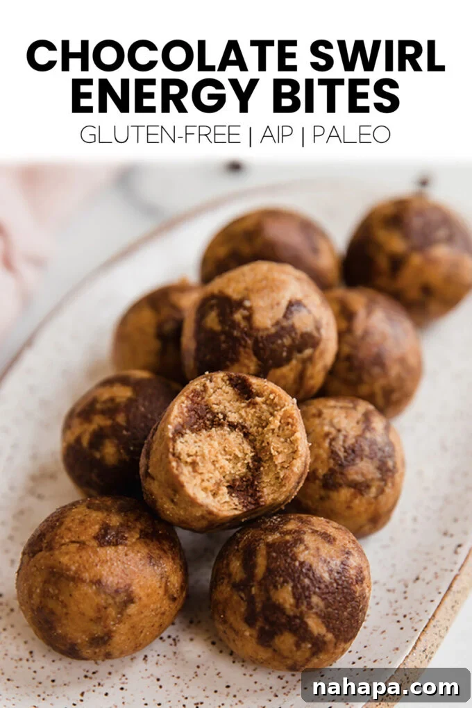 Large image of chocolate swirl energy bites ready for Pinterest sharing