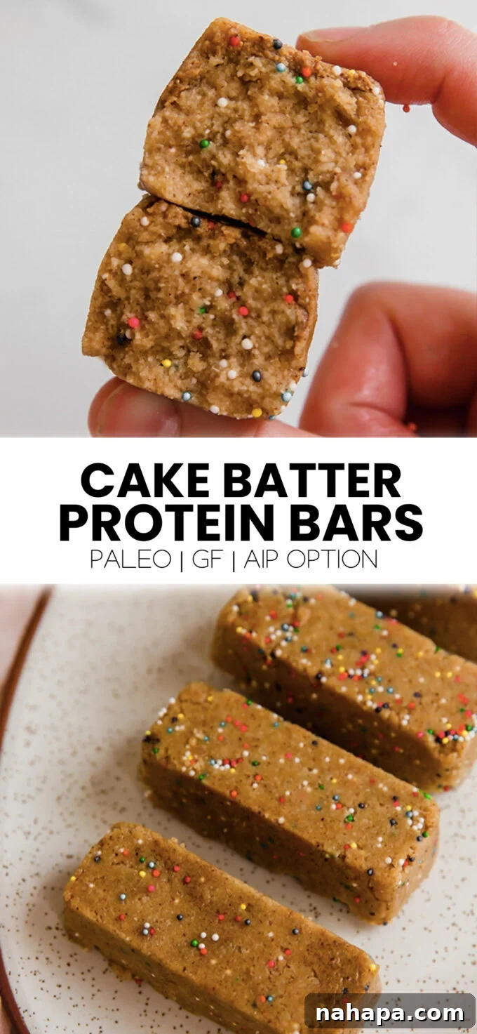 A beautifully composed flat lay of homemade cake batter protein bars, arranged artfully for a Pinterest-style presentation, inviting viewers to save the recipe.