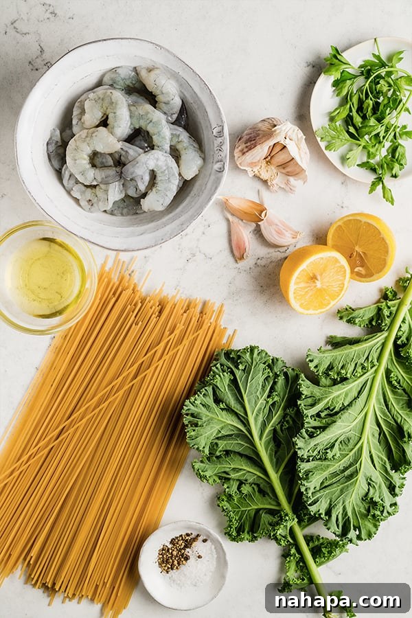 Ingredients for lemon garlic shrimp pasta on countertop