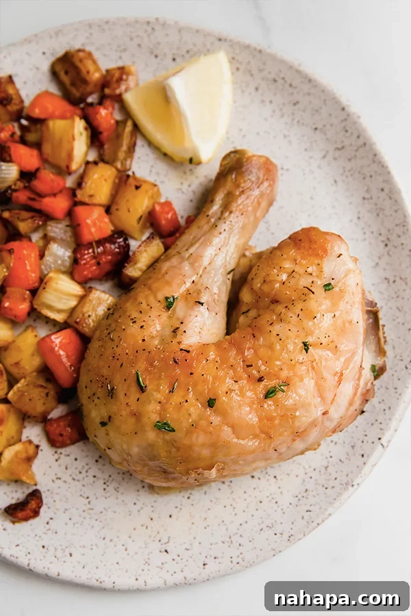 A plate with beautifully roasted chicken, tender vegetables, and a fresh lemon wedge, ready to be enjoyed.
