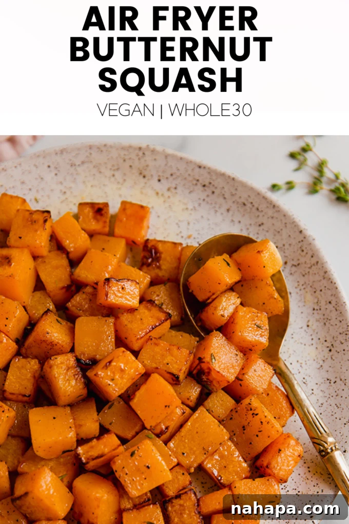 A final close-up shot of perfectly air-fried butternut squash in a serving bowl, ready to be enjoyed.