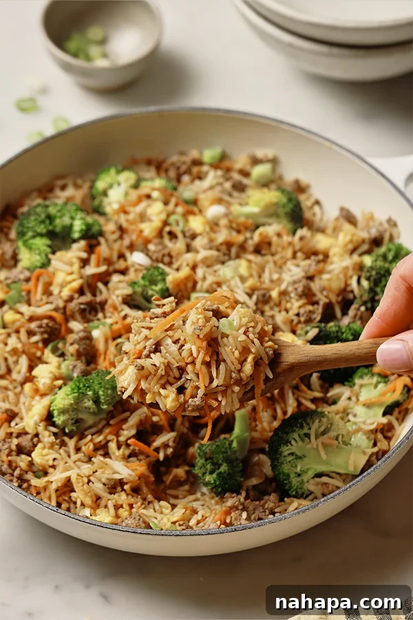 Quick Delicious Ground Beef Fried Rice 5 A bowl of Ground Beef Fried Rice garnished with fresh green onions, ready to eat.
