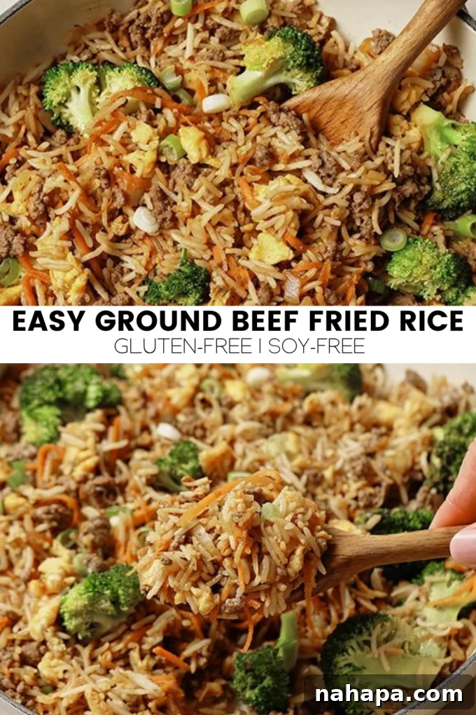 Quick Delicious Ground Beef Fried Rice 7 Overhead shot of a full pan of Ground Beef Fried Rice with green onions.