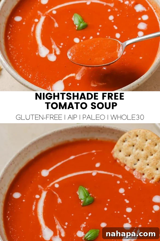 A large image displaying a bowl of nightshade-free tomato soup with fresh basil on a light background, with text overlay 'Nightshade-Free Tomato Soup'.