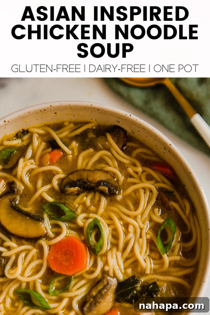 Umami-Rich Asian Chicken Noodle Soup 6 A graphic featuring the title 'Asian Inspired Chicken Noodle Soup' with a stylized image of the soup.