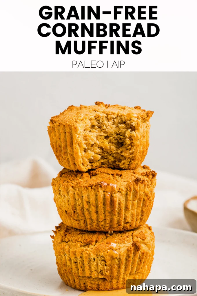A beautifully presented graphic of grain-free cornbread muffins, ready to be saved.