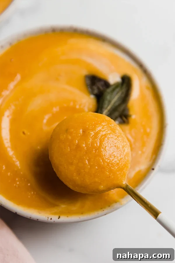 A spoon scooping a portion of rich and creamy acorn squash soup from a bowl.