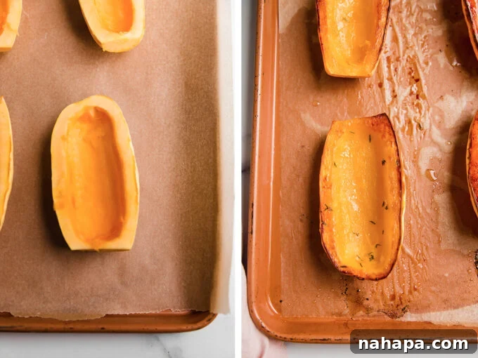 Delicata squash halves on a sheet pan, ready for roasting.