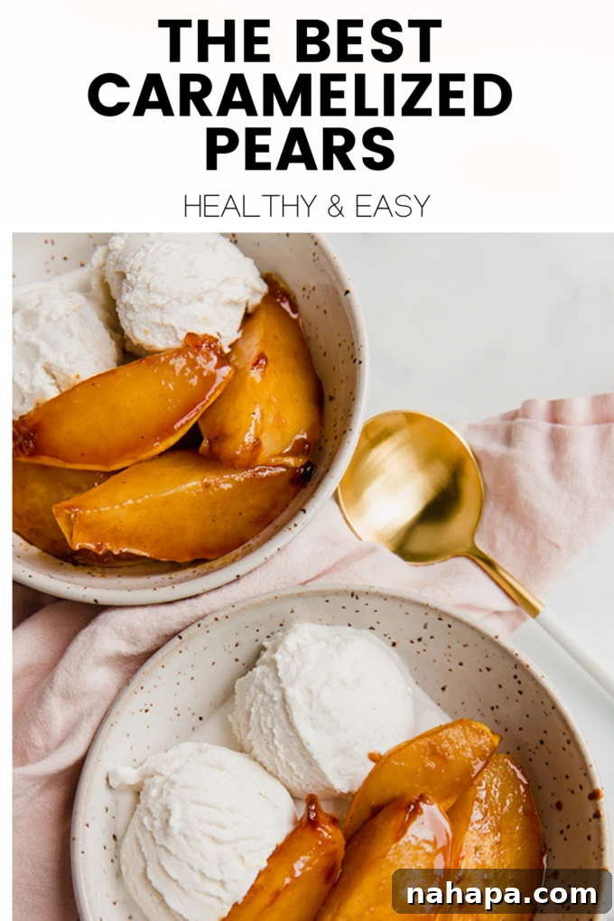 A stylized graphic for Caramelized Pears, encouraging sharing on social media.