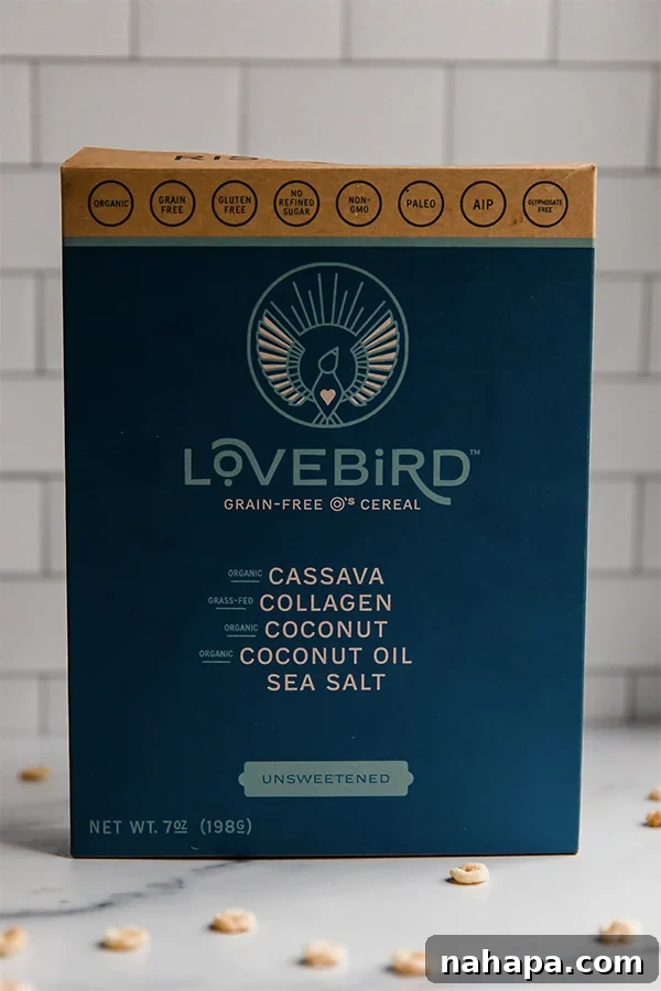 Lovebird Cereal box, highlighting its paleo and AIP-friendly attributes for healthy baking.