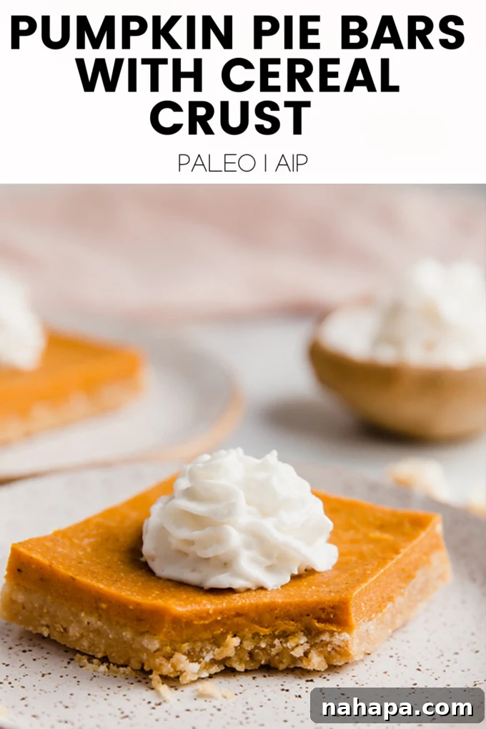 Large image showing the finished pumpkin pie bars with cereal crust, ready for serving.