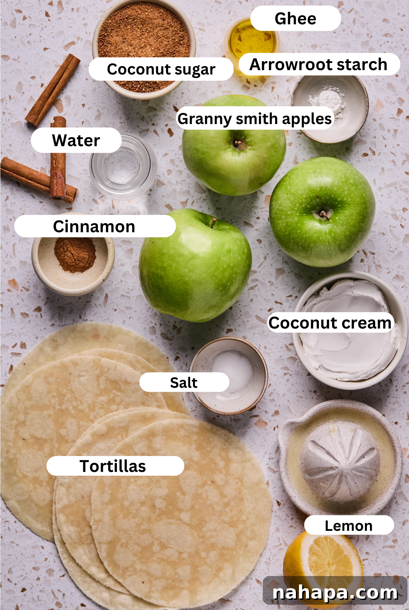 Apple Cinnamon Swirls Gluten Free 3 Apple pie roll up ingredients in separate bowls