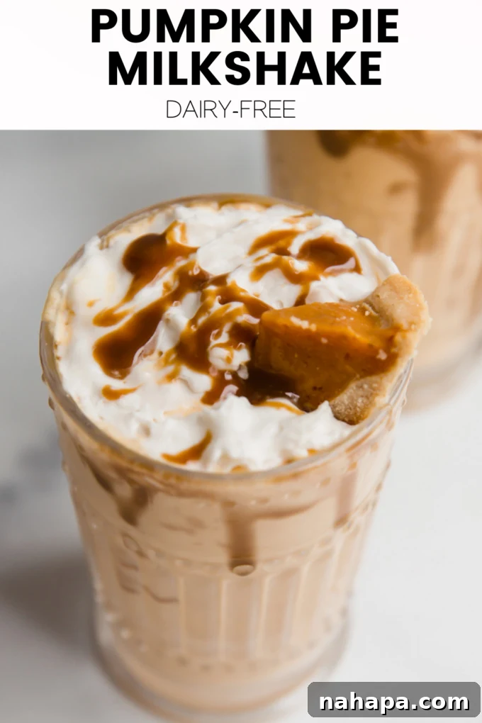 A vibrant graphic stating 'Pumpkin Pie Milkshake (Dairy Free)' with a styled image of the milkshake.