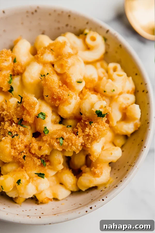 Indulgent Paleo Baked Mac and Cheese Gluten Dairy Free 3 A bowl of hot, creamy paleo mac and cheese, topped with crispy pork panko and fresh parsley.