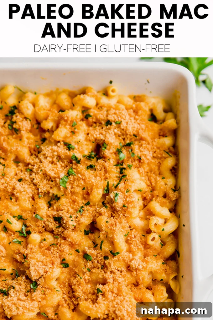 Indulgent Paleo Baked Mac and Cheese Gluten Dairy Free 6 A large, inviting image of the Baked Mac and Cheese, showcasing its golden crust and rich texture.