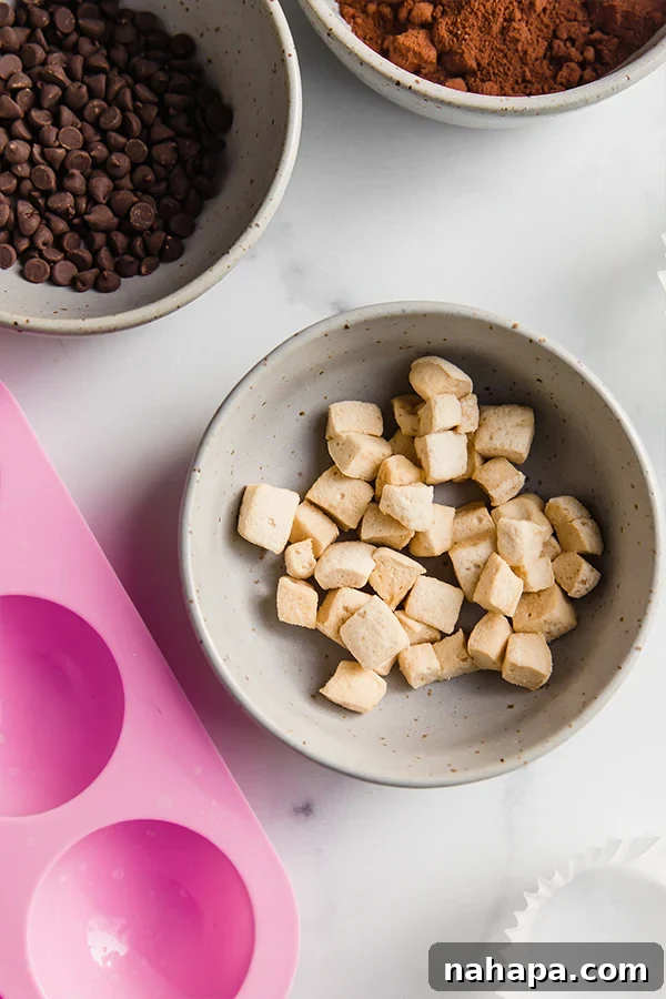 A collage of ingredients for hot cocoa bombs: marshmallows, dairy-free chocolate chips, and hot cocoa mix