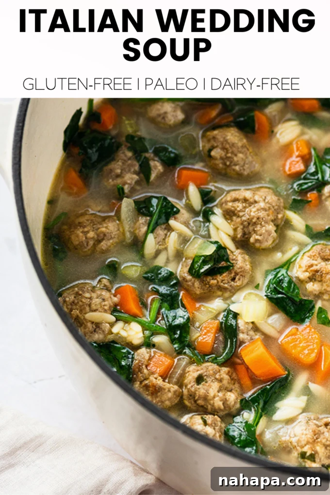 A large, inviting image of the finished Italian Wedding Soup, perfect for a comforting meal.