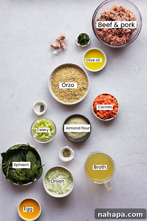All the fresh and wholesome ingredients laid out for preparing Italian Wedding Soup, including meats, vegetables, broth, and grain-free orzo.