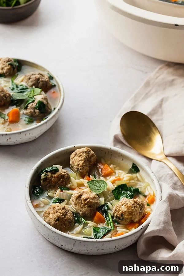 A large, cozy bowl of Italian Wedding Soup, brimming with meatballs, vegetables, and orzo, garnished with fresh herbs.