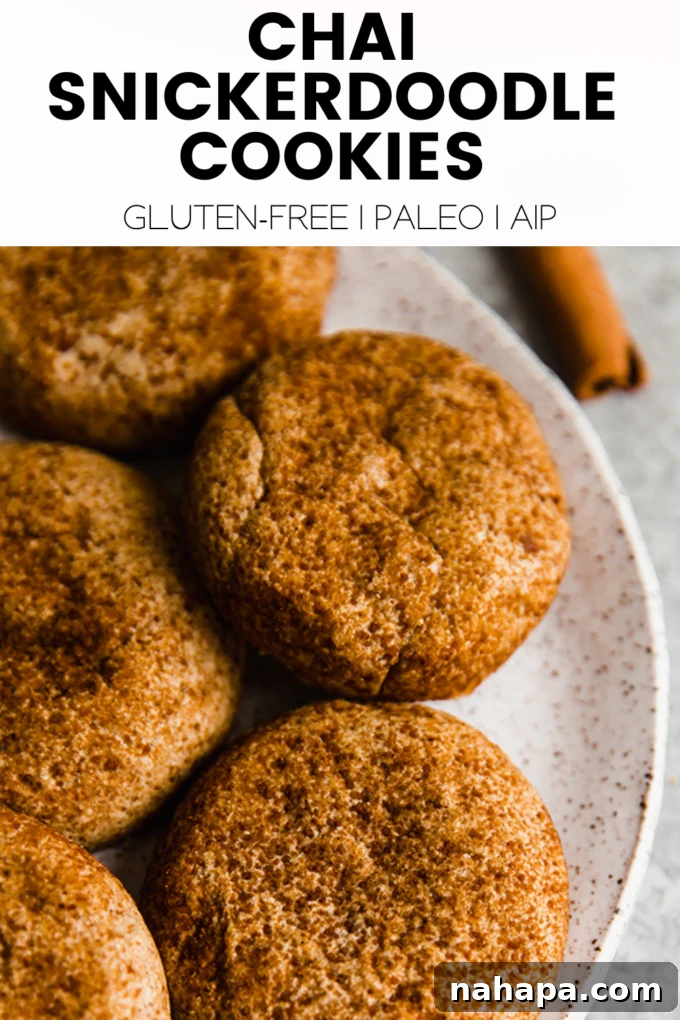 A large graphic featuring the Chai Snickerdoodles recipe title and a vibrant image of the cookies.
