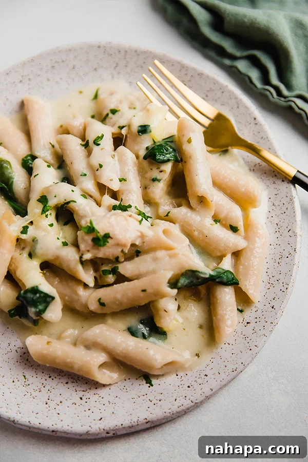 A single serving of chicken alfredo no-boil pasta bake on a white plate, showcasing its creamy texture and fresh parsley garnish.