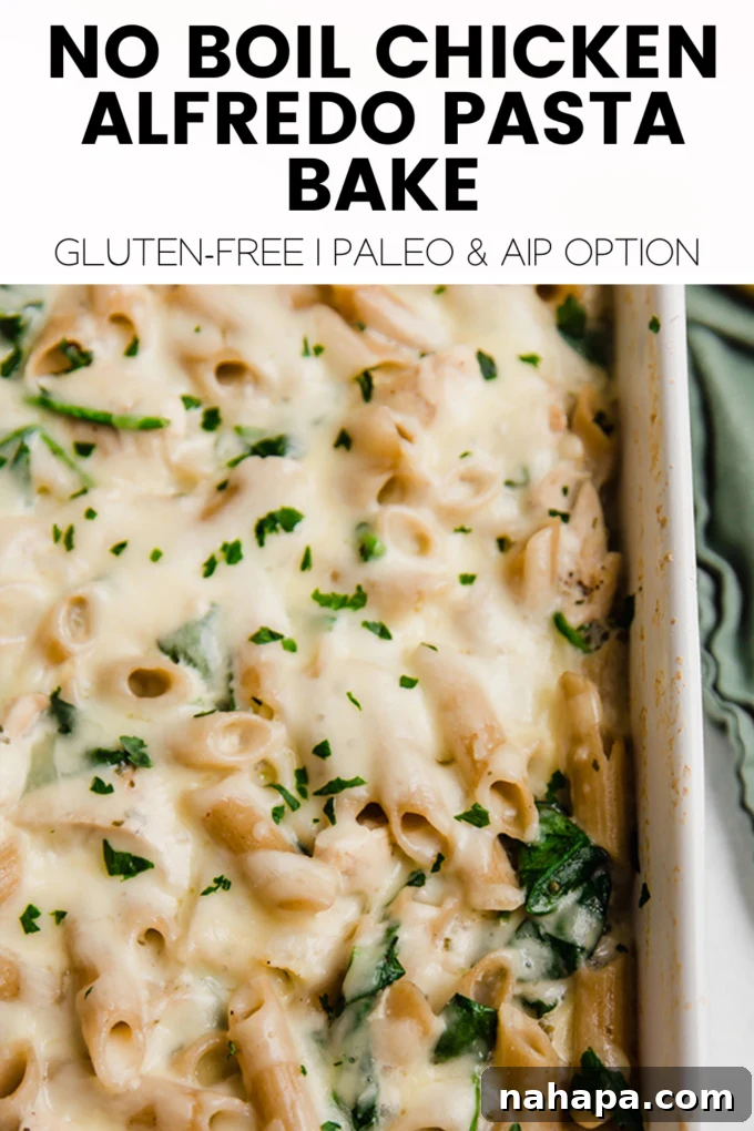 A graphic promoting the Chicken Alfredo No-Boil Pasta Bake, highlighting its gluten-free, paleo, and AIP options.