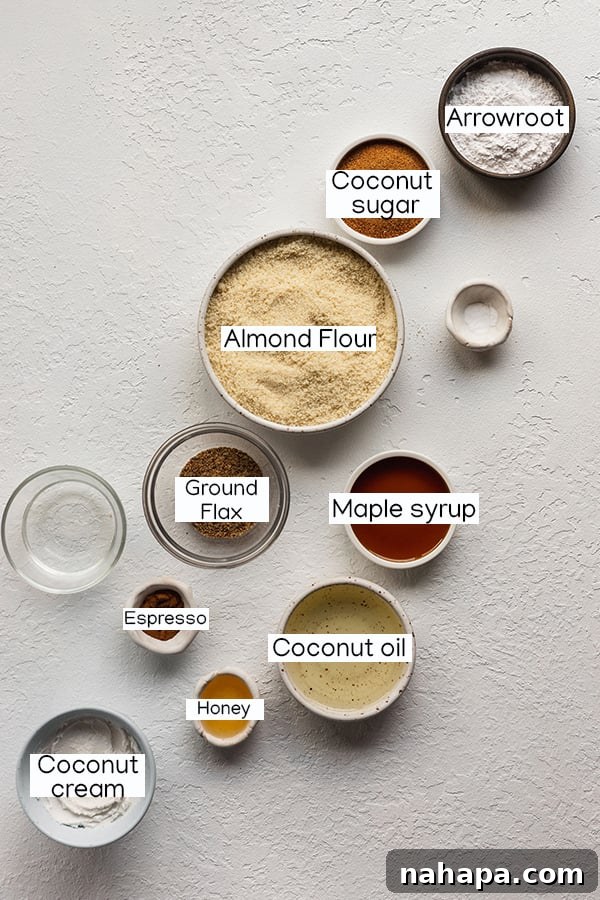 All the gluten-free, dairy-free, vegan, and paleo ingredients for making Tiramisu cookies laid out on a table.