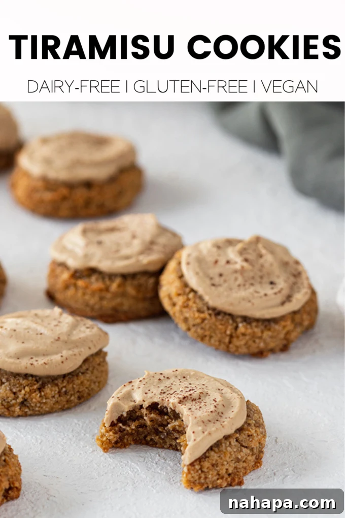 A large promotional image for Tiramisu Cookies, emphasizing their gluten-free, dairy-free, vegan, and paleo qualities.