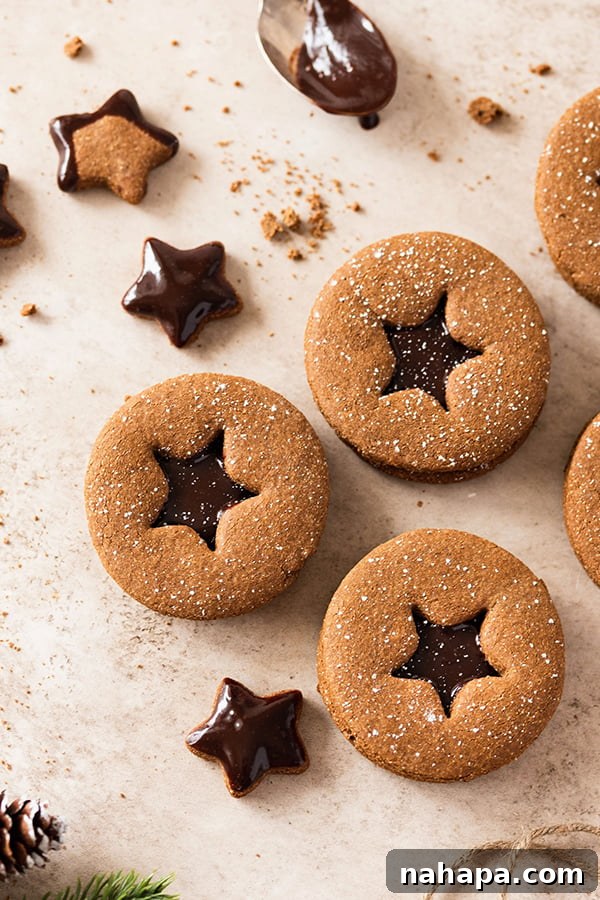 Chocolate Gingerbread Sandwich Cookies Paleo AIP 8 A close-up of a few beautifully finished chocolate gingerbread sandwich cookies, dusted with powdered sugar and ready to be enjoyed.