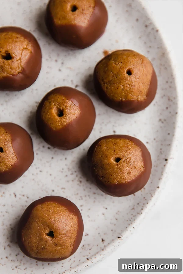 Paleo Buckeye Bites 5 A close-up shot of several Paleo Buckeyes, showing the texture of the almond butter filling and the glossy chocolate coating