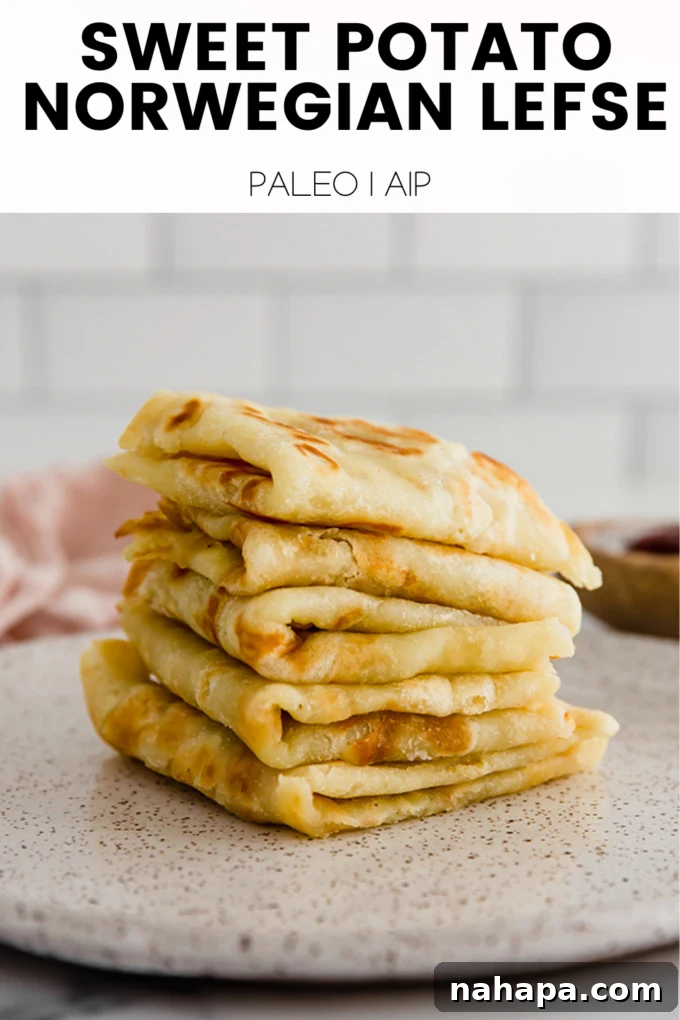 Paleo AIP Sweet Potato Lefse: A Healthy Norwegian Delight 7 A large, inviting image of Sweet Potato Lefse, emphasizing its healthy, grain-free, and dairy-free nature, ready for a delicious meal.