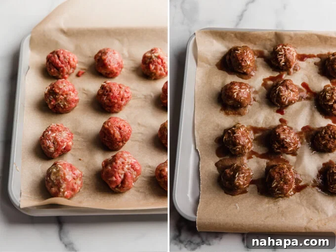 Before and after baking comparison of the meatballs on a sheet pan.