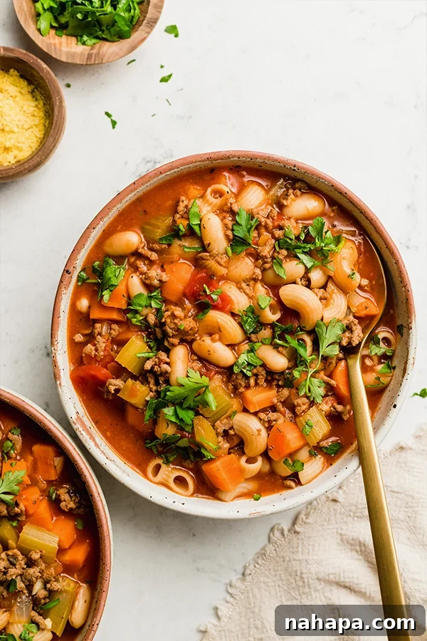 Wholesome Gluten-Free Pasta Fagioli 2 A comforting bowl of gluten-free, dairy-free Pasta Fagioli soup, garnished with fresh parsley.