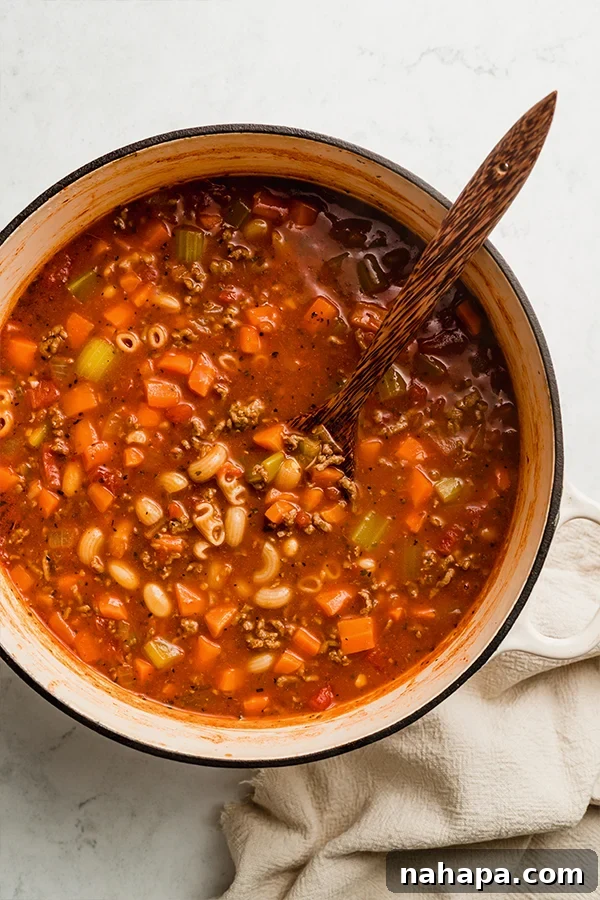 Wholesome Gluten-Free Pasta Fagioli 3 A large pot of homemade Pasta Fagioli soup simmering on the stove, filled with vegetables, meat, and pasta.