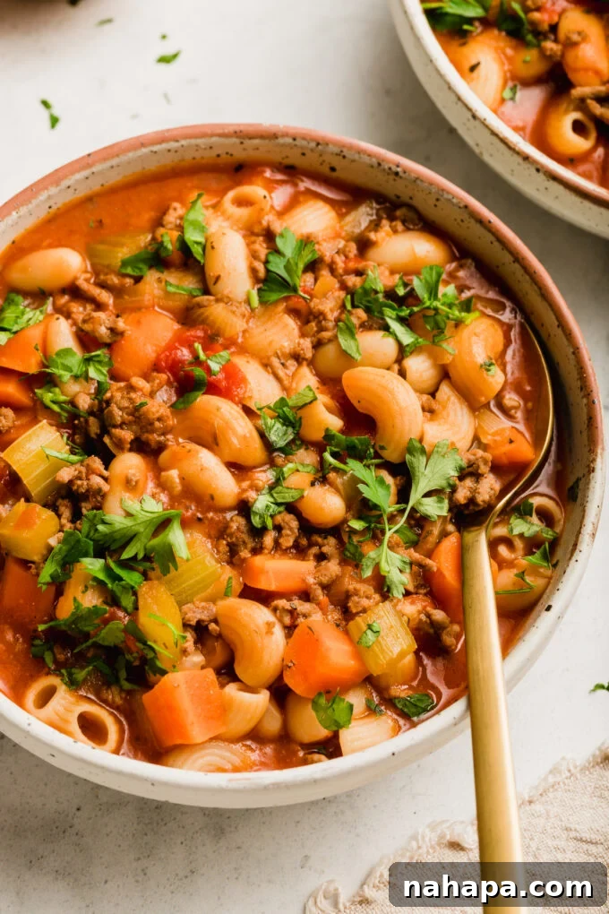 Wholesome Gluten-Free Pasta Fagioli 4 A close-up of a rustic bowl of Pasta Fagioli soup, specially adapted to be AIP and Paleo compliant.