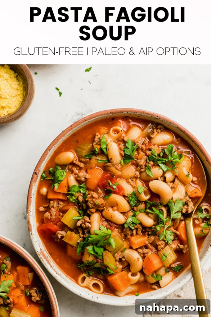 Wholesome Gluten-Free Pasta Fagioli 6 A final vibrant shot of the healthy Pasta Fagioli soup, garnished and ready to be served in a rustic bowl.