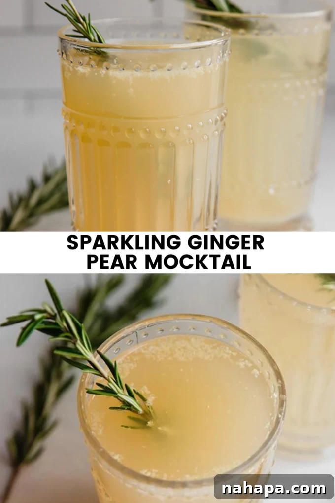 Ginger Pear Fizz 6 A tall glass of sparkling ginger pear mocktail with a rosemary garnish, viewed from above on a rustic wooden surface.