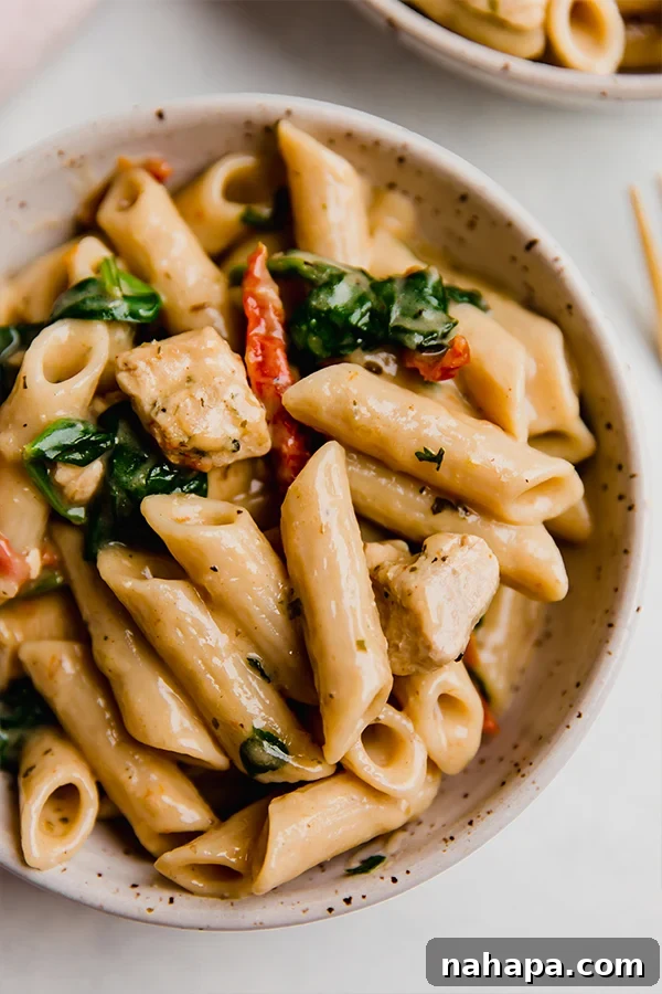 Another perspective of a bowl of creamy Tuscan chicken pasta, emphasizing its appetizing presentation.