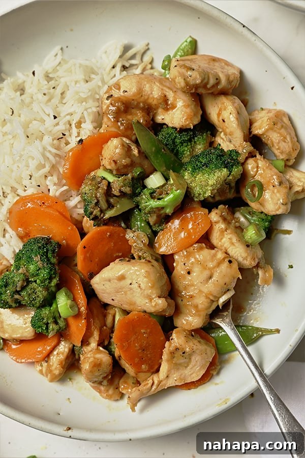 Paleo and AIP Orange Chicken Stir Fry 4 Plated serving of healthy orange chicken stir fry garnished with green onions