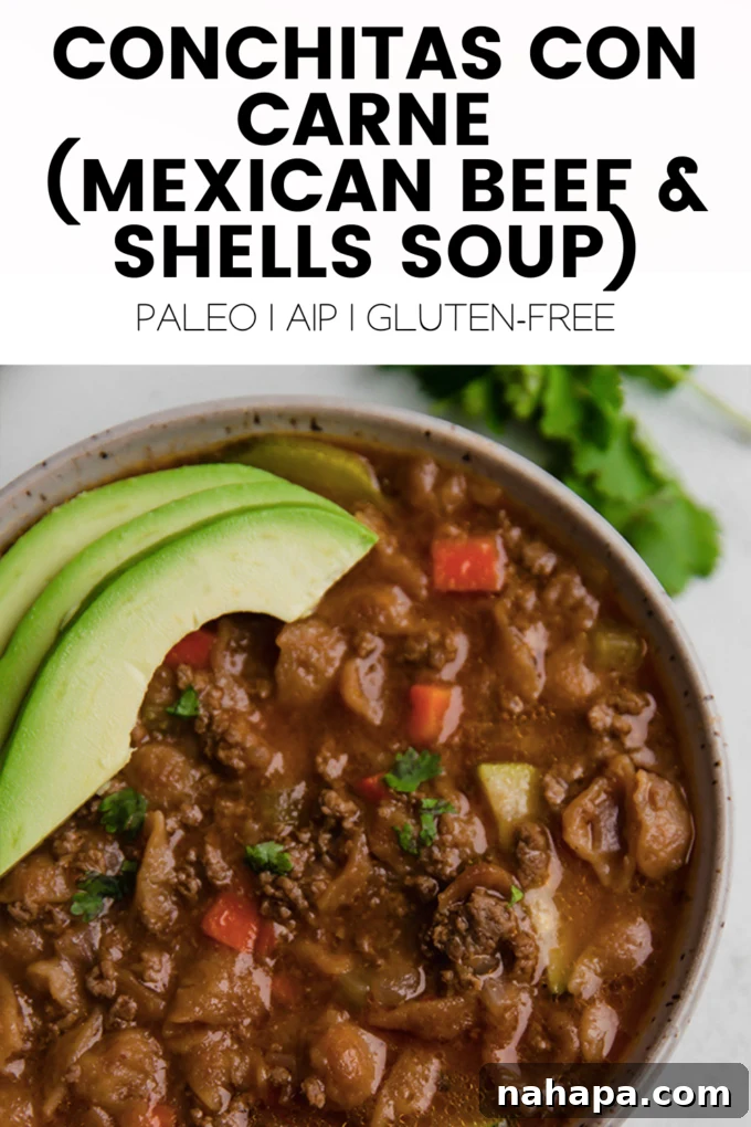 A large serving of Conchitas Con Carne in a bowl, ready to be enjoyed.