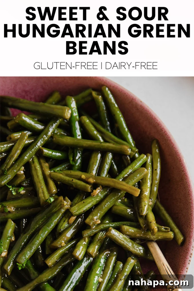 A final captivating image of the finished Sweet & Sour Hungarian Green Beans, beautifully arranged in a bowl.