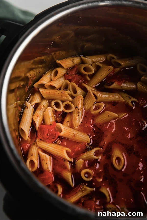 Pasta in the Instant Pot after cooking, before adding spinach.