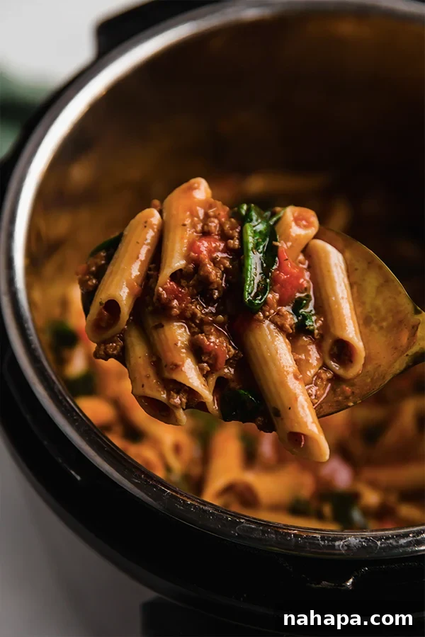 The finished dish spooning out of the Instant Pot, ready to serve.
