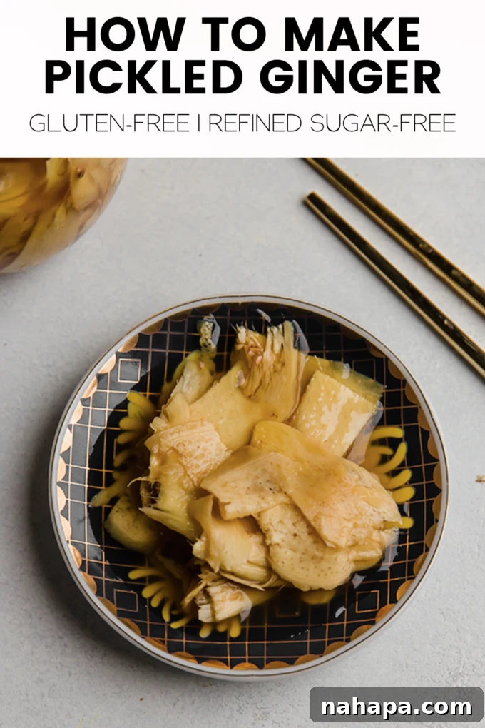 A Pinterest graphic for Pickled Ginger, featuring a jar of the delicious condiment with a stylized border, inviting readers to save the recipe.