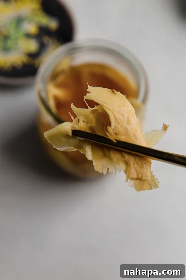 Chopsticks lifting a piece of homemade pickled ginger from a glass jar, ready to be served.