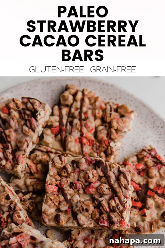 A beautifully presented graphic for Strawberry Cacao Cereal Bars, ideal for sharing on social media or pinning.