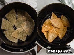 Tortilla pieces in the air fryer before and after cooking.