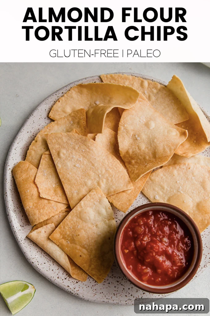 An eye-level shot capturing a generous serving of perfectly golden, expertly air-fried almond flour tortilla chips in a rustic bowl. The chips are visibly crispy and well-seasoned, highlighting their appeal as a healthy, satisfying snack.