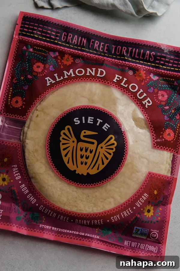 A crisp, focused shot of a package of Siete brand almond flour tortilla, prominently displaying the brand and product. This image emphasizes the key ingredient for making delicious grain-free tortilla chips.