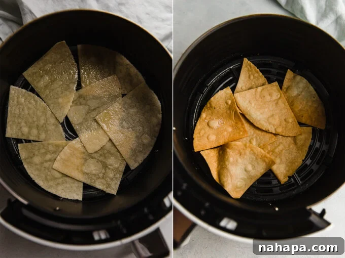 A side-by-side comparison within an air fryer basket, showcasing raw triangular tortilla pieces lightly sprayed with avocado oil and salted on the left, and on the right, the same chips transformed into golden, crispy perfection after air frying.